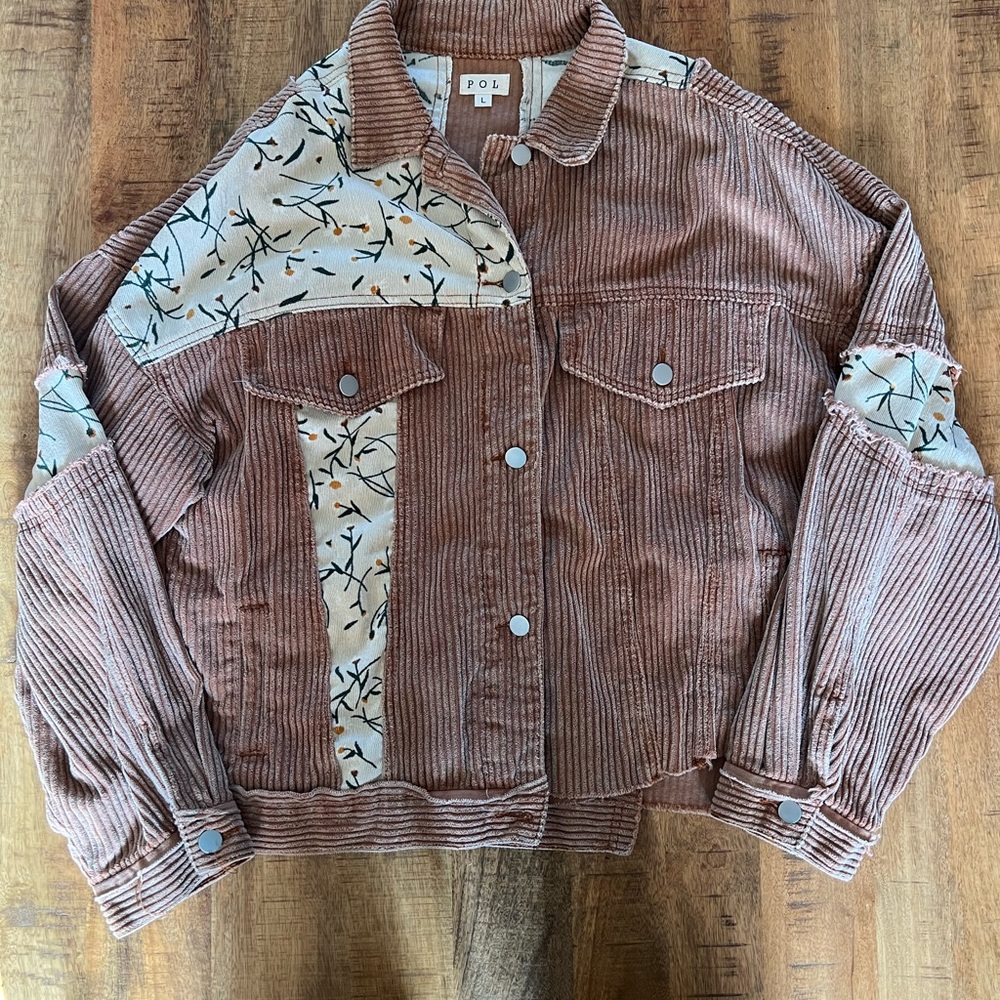 POL Women's Brown Corduroy Jacket with Floral Accents